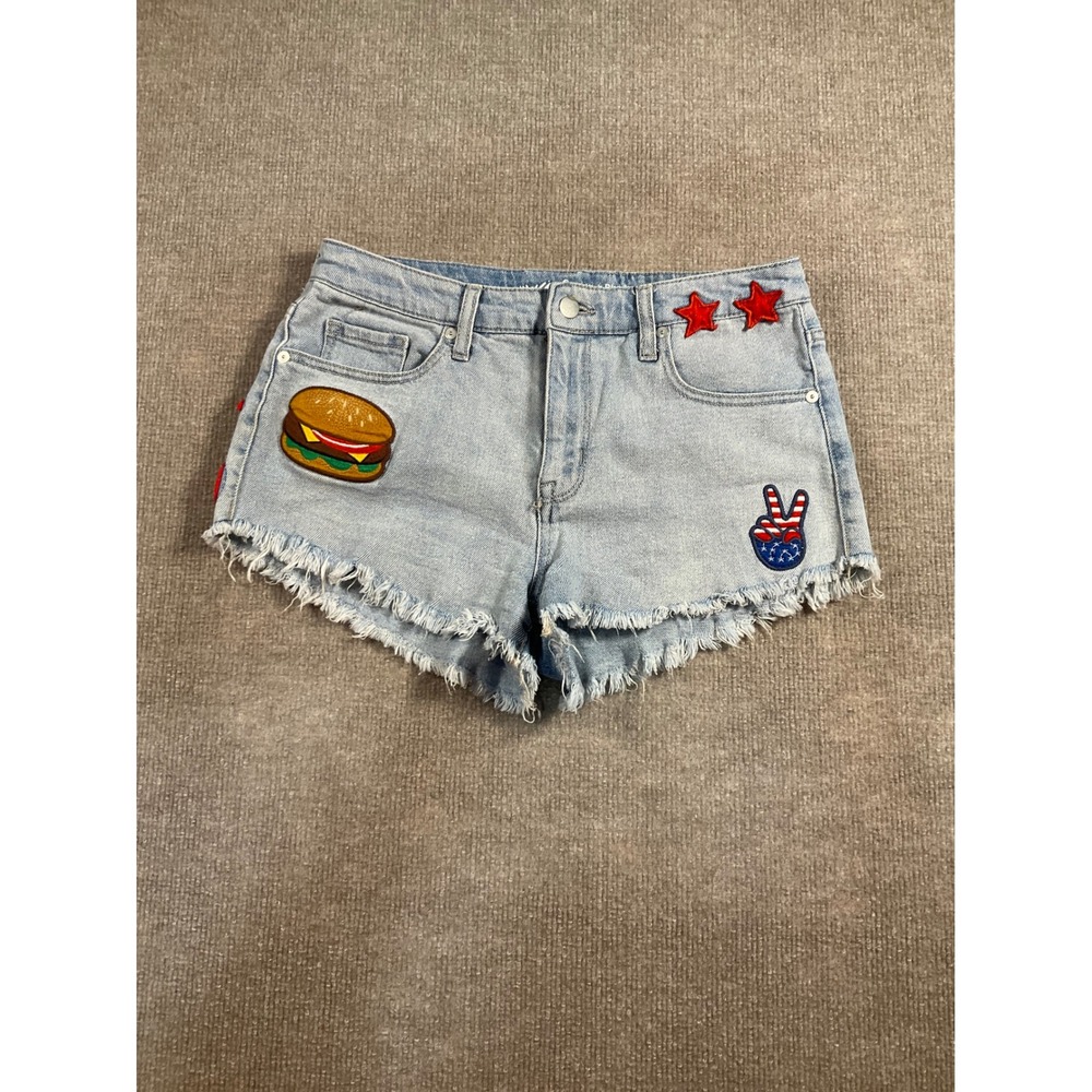 Mossimo Denim High Rise Shorts Light Wash Americana Patches Size 8/29 Cut Off